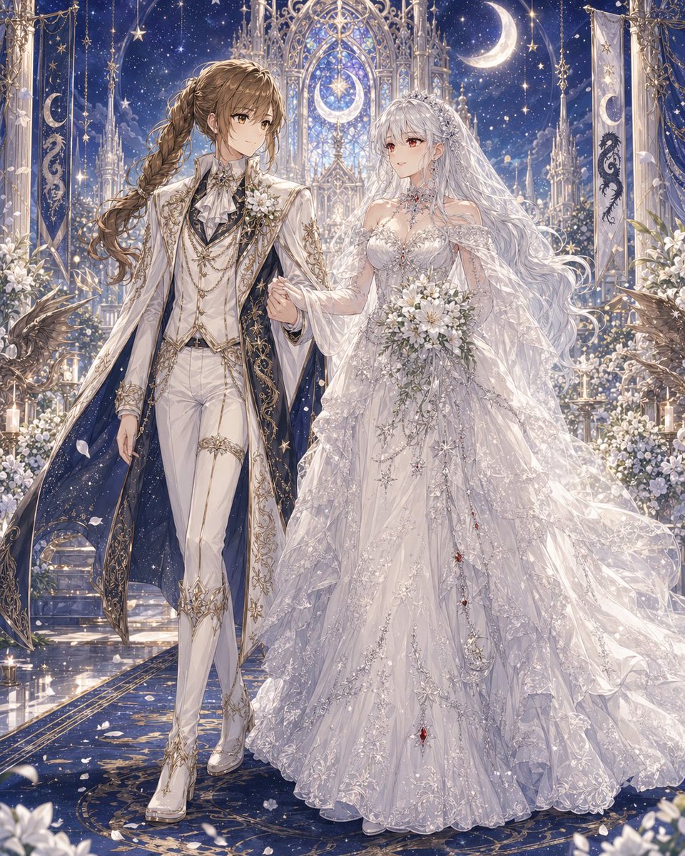 Celestial Yuri Wedding in Moonlit Cathedral Qwen Image prompt example: This prompt generates a highly ornate anime-style fantasy wedding portrait of two brides in celestial...
