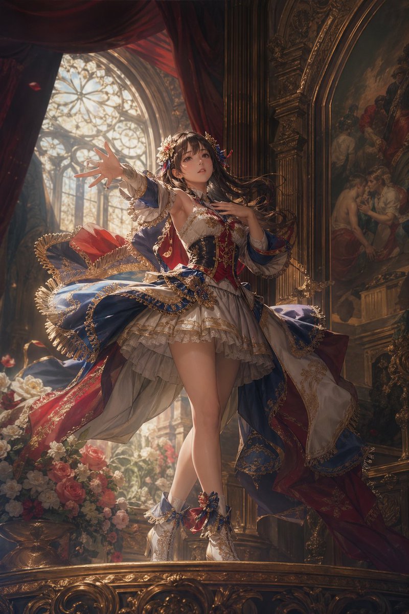 Baroque Fantasy Idol Performance Qwen Image prompt example: This prompt generates a dramatic full-body anime-style heroine in an ornate palace interior, ideal for high-end...