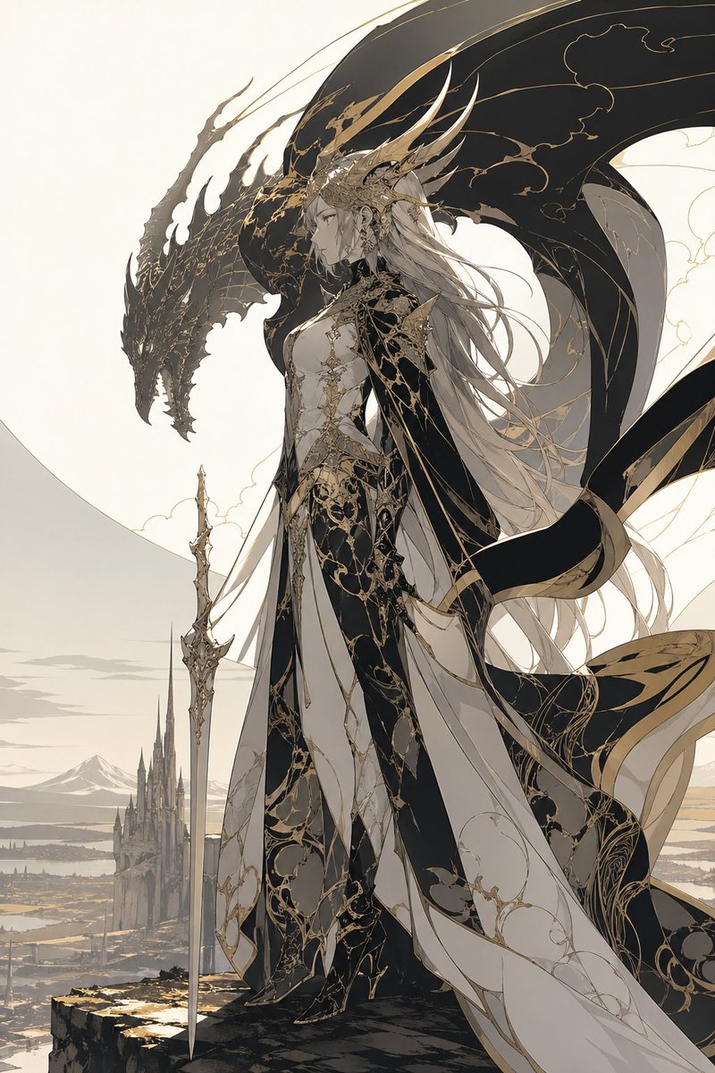 Dragon Queen in Black and Gold Qwen Image prompt example: This prompt generates a vertical fantasy character illustration of a regal dragon-themed queen with ornate...