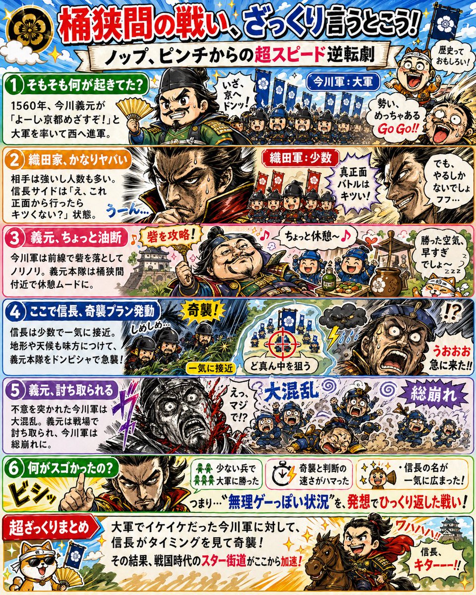 Manga History Poster About Okehazama 的 Qwen Image 提示词示例图:This generates a colorful Japanese manga-style educational infographic poster explaining the Battle of Okehazama for...