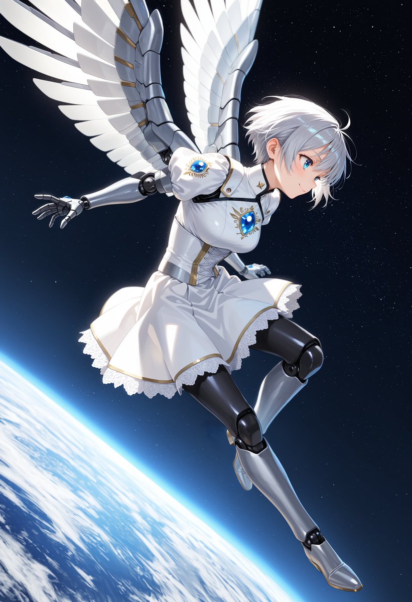 Angelic Android Girl Above Earth Qwen Image prompt example: This prompt generates a polished anime sci-fi fantasy illustration of a winged female android in a white dress...