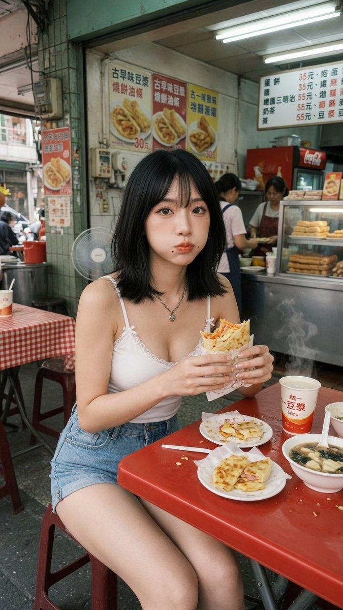 Taiwan Breakfast Shop Candid Portrait 的 Qwen Image 提示词示例图:This prompt generates a realistic vertical photo of a young woman eating breakfast in a busy Taiwanese street-side...