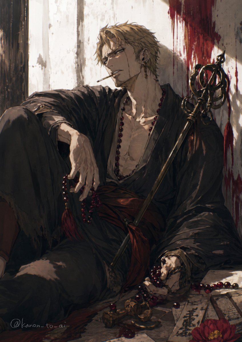 Dark Fantasy Wounded Monk Portrait Qwen Image 프롬프트 예시: This prompt generates a dramatic vertical anime-style illustration of a wounded robed man with prayer beads and a...