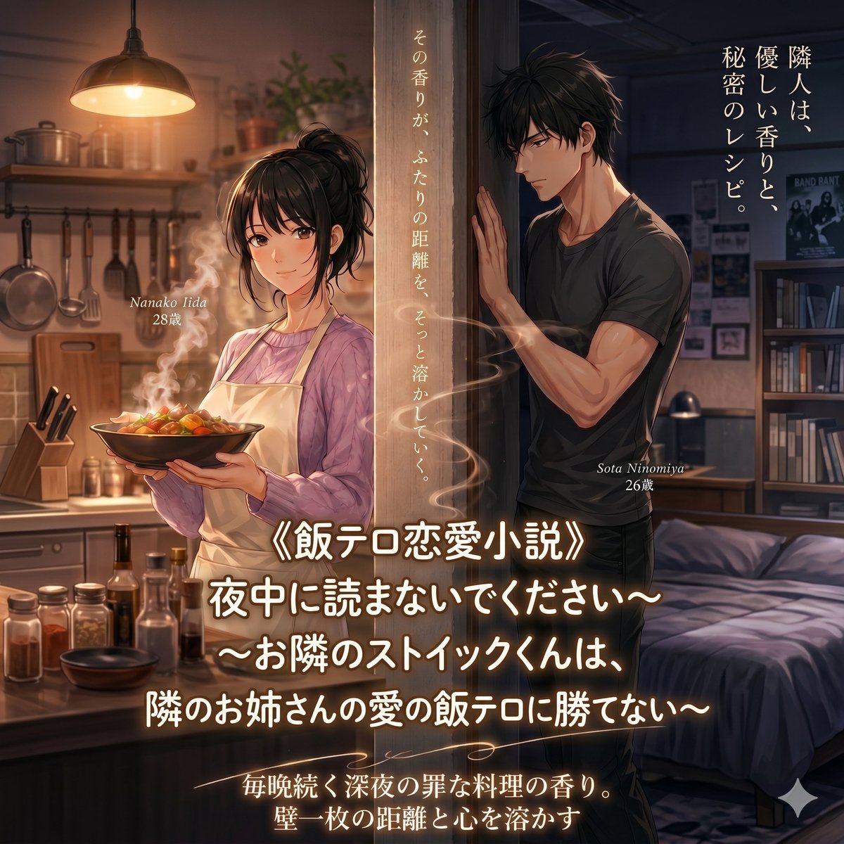 Anime Split-Apartment Romance Cover 的 Qwen Image 提示词示例图：This prompt generates a polished anime-style Japanese light novel cover showing neighboring adults divided by a wall,...