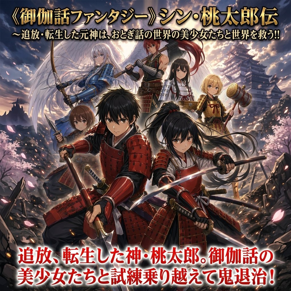 Epic Momotaro Fantasy Cover Qwen Image prompt example: This prompt generates a dramatic ensemble-style anime fantasy cover with seven battle-ready characters, Japanese...