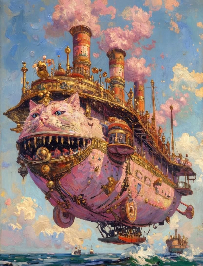Steampunk Cat Airship Over the Sea Qwen Image 프롬프트 예시: A richly textured fantasy illustration of a giant pink cat-shaped steampunk airship floating above the ocean, ideal for...