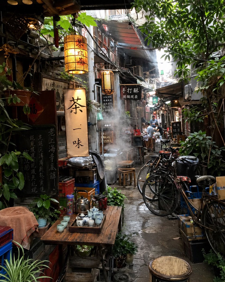 Atmospheric Tea Alley Street Scene 的 Qwen Image 提示词示例图：This prompt generates a richly detailed photorealistic hidden tea-lane alley scene, ideal for cinematic street photography,...