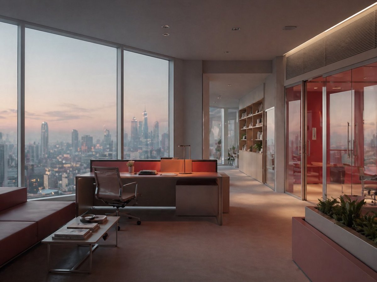 Luxury Office at Dusk Skyline View Qwen Image prompt example: This prompt generates a photorealistic high-rise executive office interior with panoramic city views, ideal for...