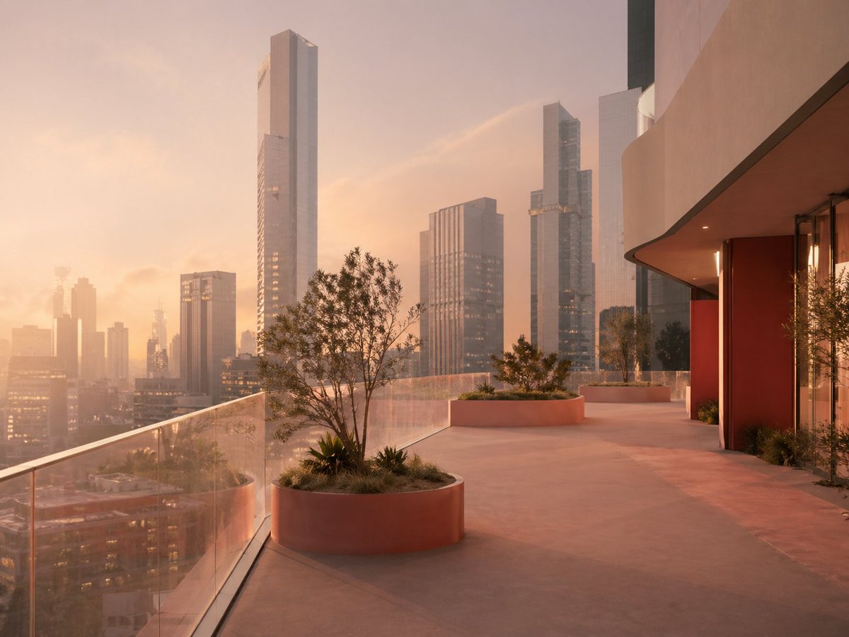 Luxury Sunset Rooftop Terrace Qwen Image 프롬프트 예시: This prompt generates a photorealistic modern residential terrace with planters and a city skyline at golden hour, ideal for...