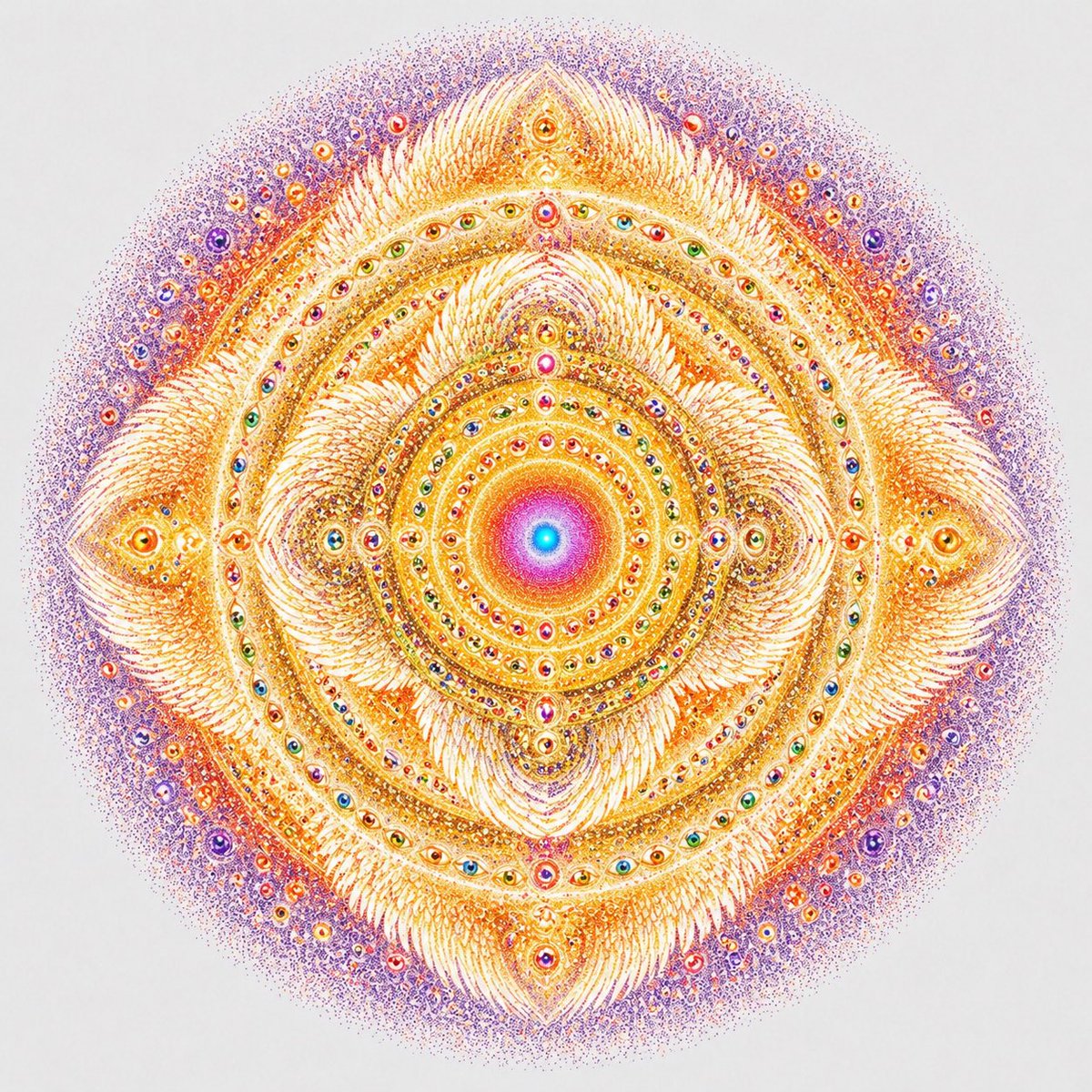 Visionary Eye Mandala Qwen Image prompt example: This prompt generates a highly detailed symmetrical sacred-geometry mandala filled with eye motifs and radiant pointillist...