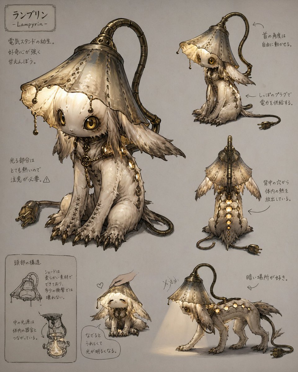 Lamp-Creature Concept Art Sheet のQwen Imageプロンプト例: A detailed creature design reference sheet for a cute inorganic lamp-animal hybrid, useful for concept art, worldbuilding, and...