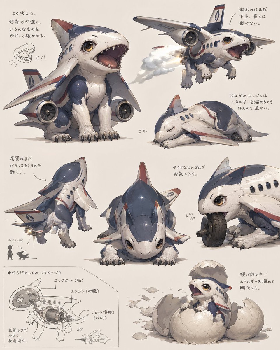 Jet Airplane Puppy Creature Sheet GPT Image 2 prompt example: A polished concept-art sheet showing a cute airplane-animal hybrid from 8 angles and studies, ideal for creature...