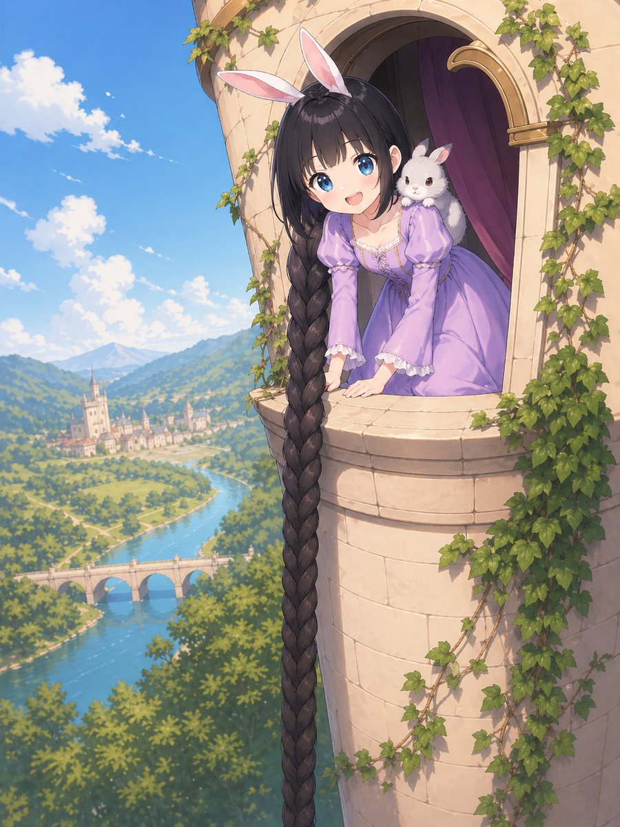 Anime Rapunzel Tower Scene のQwen Imageプロンプト例: A polished fantasy anime illustration of a Rapunzel-like princess with an extremely long braid leaning from an ivy-covered tower...