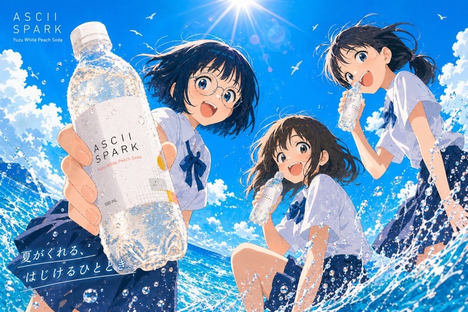 Anime Summer Soda Ad Poster Qwen Image prompt example: This prompt generates a polished anime-style Japanese beverage advertisement poster featuring 3 schoolgirls, a sparkling...