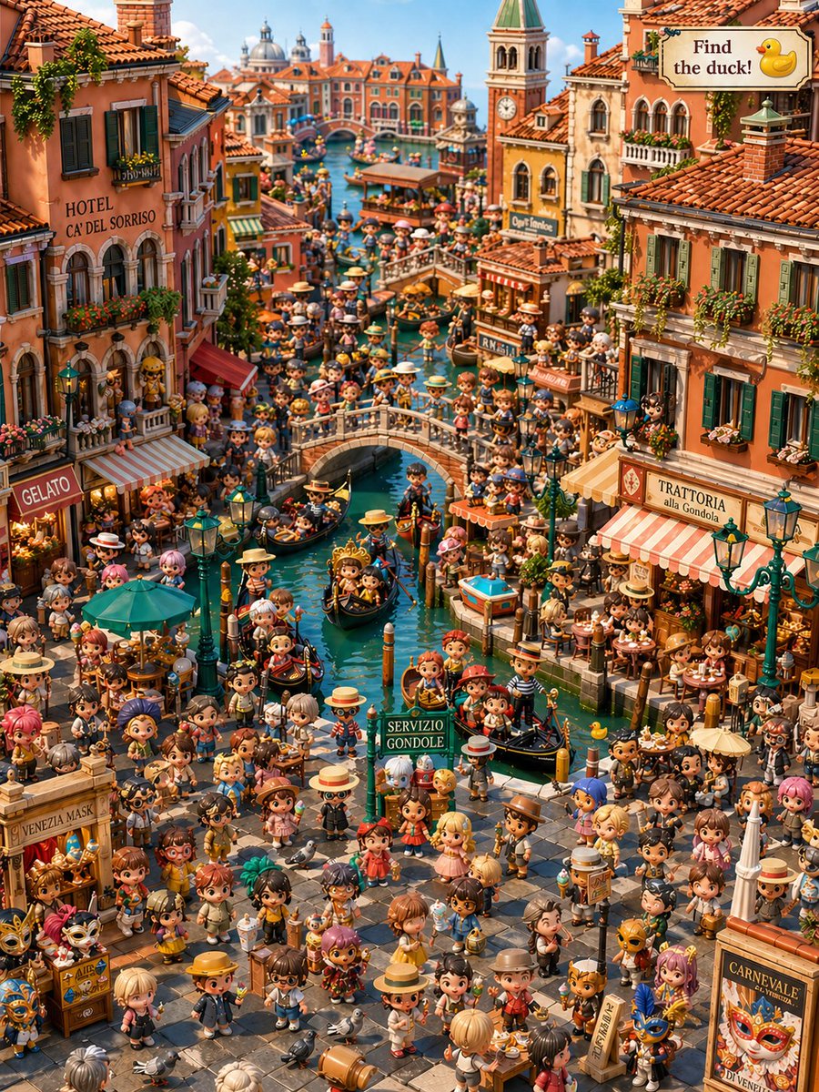Hidden Duck in Chibi Venice Qwen Image 프롬프트 예시: This prompt generates a dense, adorable Venice travel diorama packed with chibi characters and hidden-object details, ideal for...