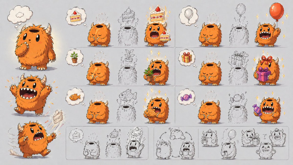 Cute Monster Ability Design Sheet のQwen Imageプロンプト例: A wide character design presentation sheet showing a fluffy horned monster and six visual examples of its item-summoning...