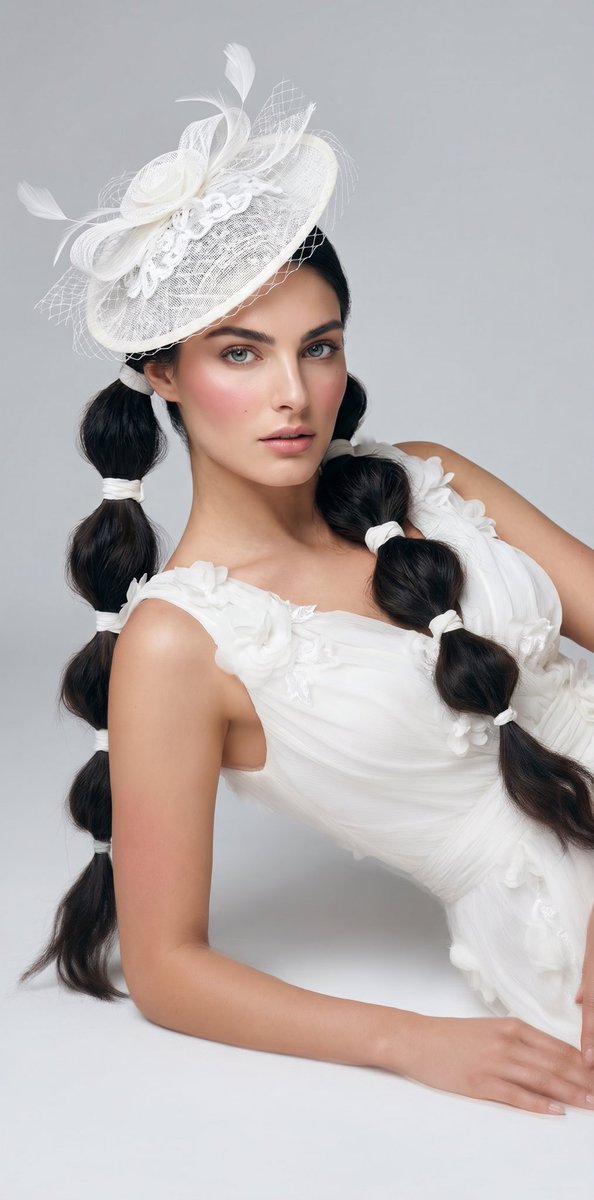 Editorial Bridal Portrait with Fascinator Qwen Image prompt example: This prompt generates a refined studio fashion portrait of a reclining woman in a white embellished dress and...