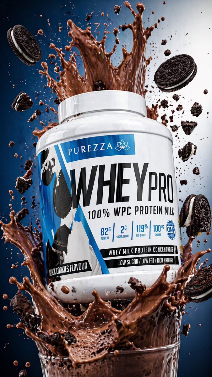 Protein Powder Splash Hero Shot GPT Image 2 prompt example: This prompt generates a dramatic premium supplement product advertisement with a floating whey tub, chocolate splash,...
