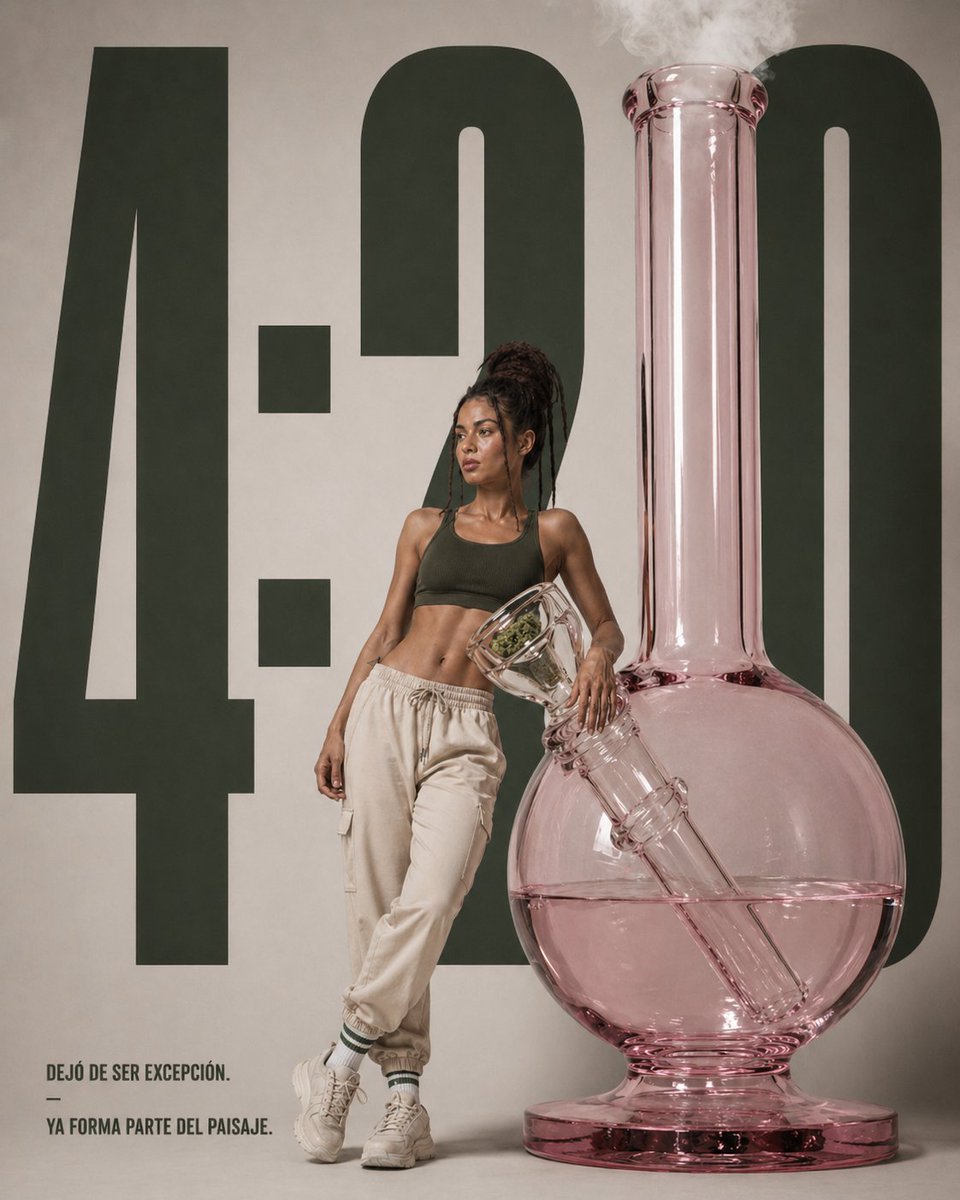 Luxury Editorial 4:20 Product Poster 的 Qwen Image 提示词示例图:This prompt generates a stylish studio ad image combining an oversized smoking product with fashion-editorial typography,...