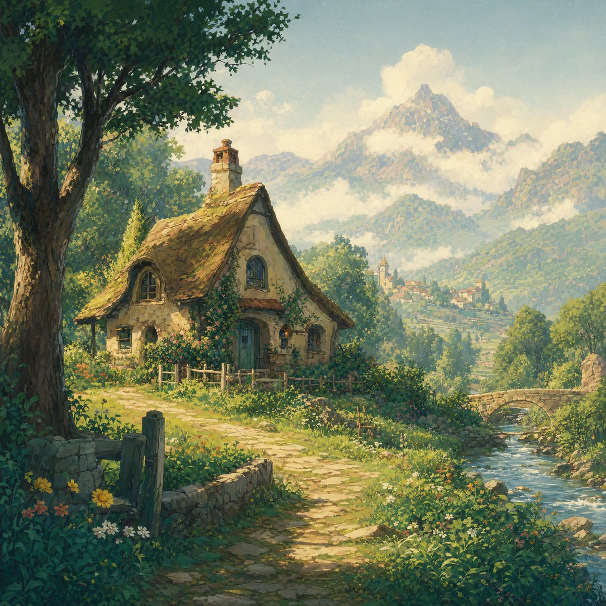 Fairytale Cottage in an Alpine Valley Qwen Image prompt example: This prompt generates a painterly storybook landscape of a charming cottage, stream, bridge, village, and misty...