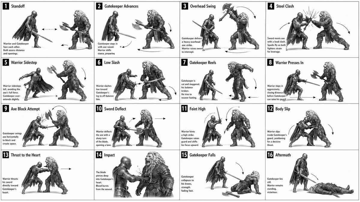 16-Panel Medieval Duel Storyboard Qwen Image prompt example: This prompt generates a grayscale 4x4 action storyboard showing a step-by-step fantasy sword-versus-axe duel, useful...