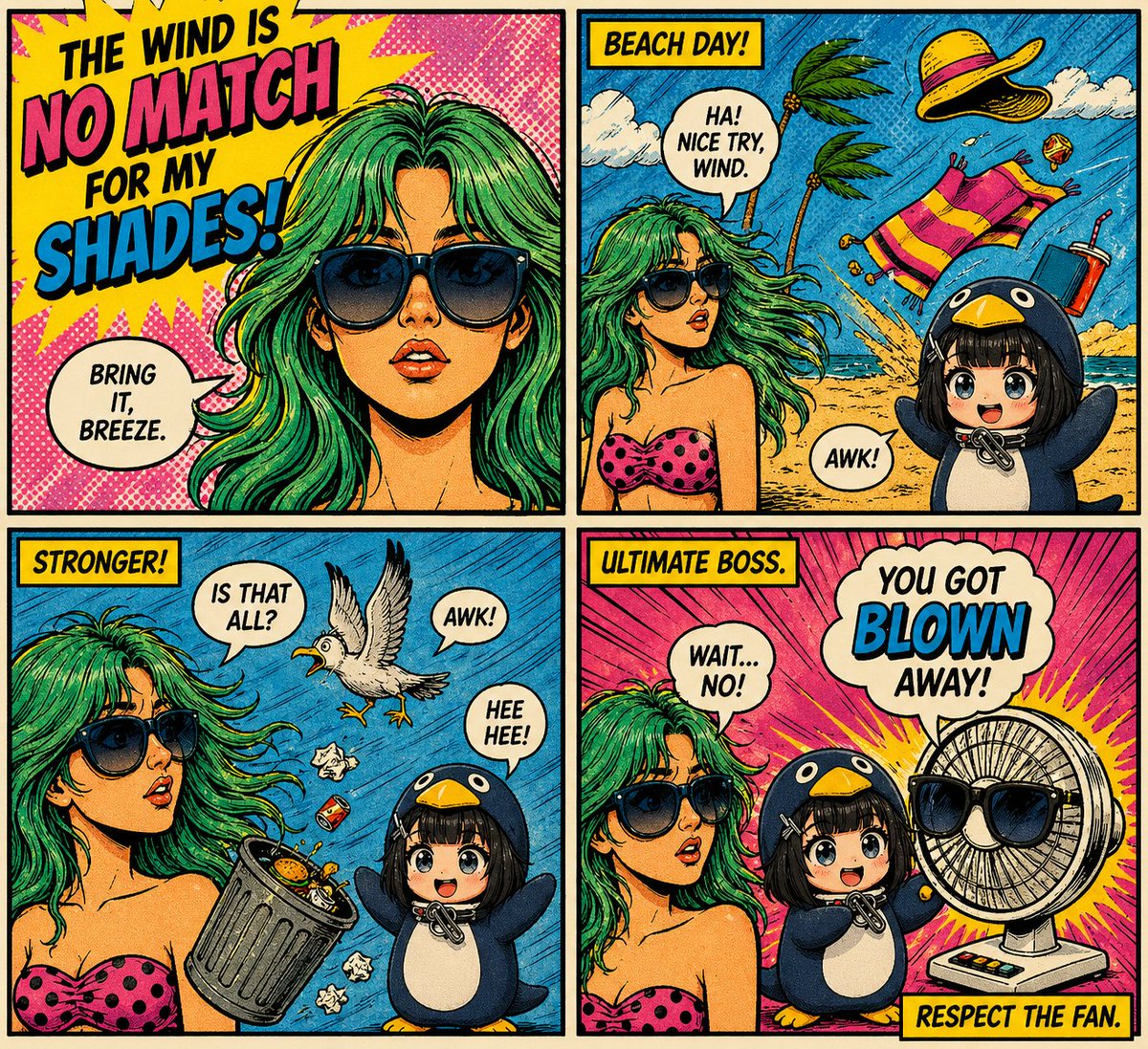 Retro Pop-Art Comic Strip Qwen Image prompt example: A 4-panel comic strip prompt in a 1980s retro pop-art style featuring a mint-green haired woman and a chibi penguin.