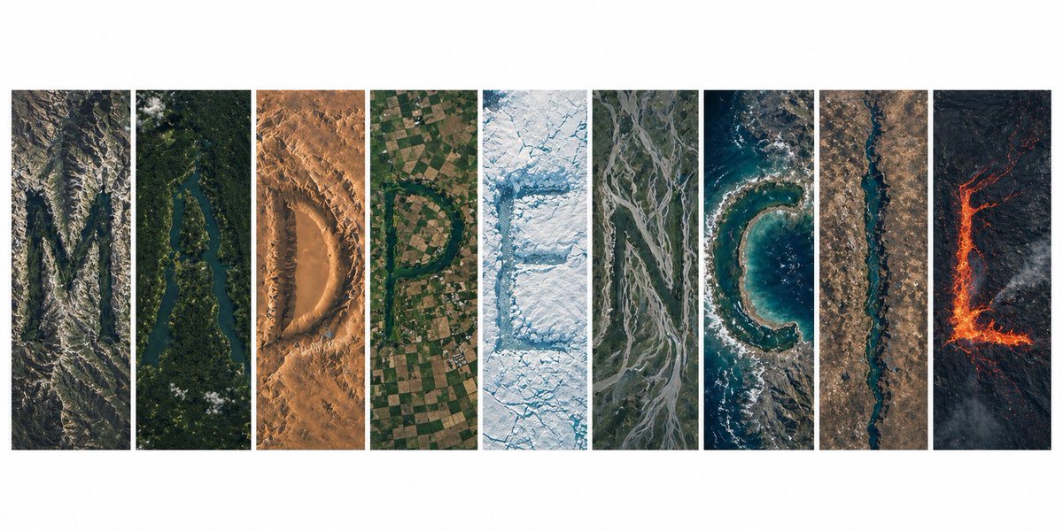 Topography Typography Satellite View のQwen Imageプロンプト例: A complex prompt creating an organic word formation from Earth's topography, seen from a hyper-realistic satellite...