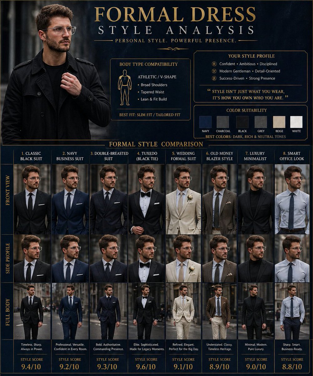 Formal Dress Style Analysis Poster Qwen Image 프롬프트 예시: A prompt for creating a luxury men's fashion infographic poster showing identity-consistent outfit variations.
