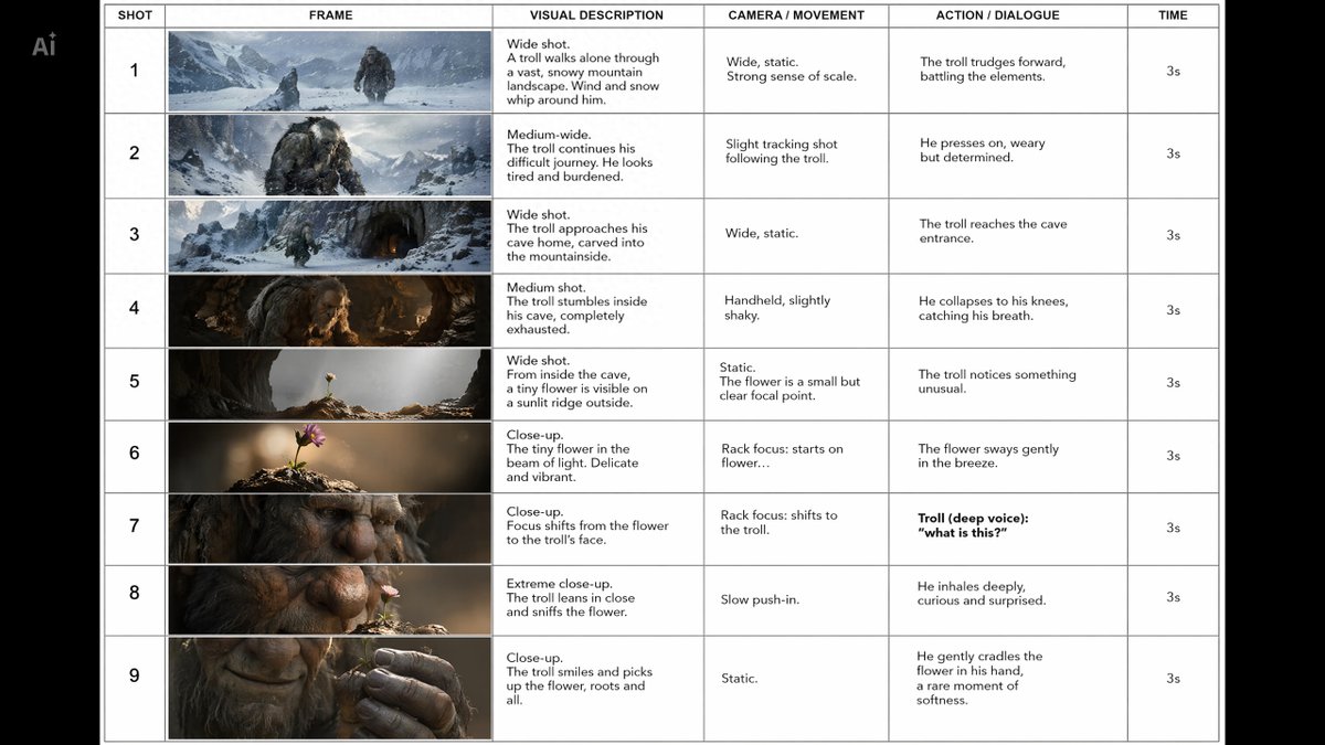 Cinematic Storyboard: The Mountain Troll Qwen Image 프롬프트 예시: A detailed colored storyboard prompt describing a troll's journey through mountains and his discovery of a flower.
