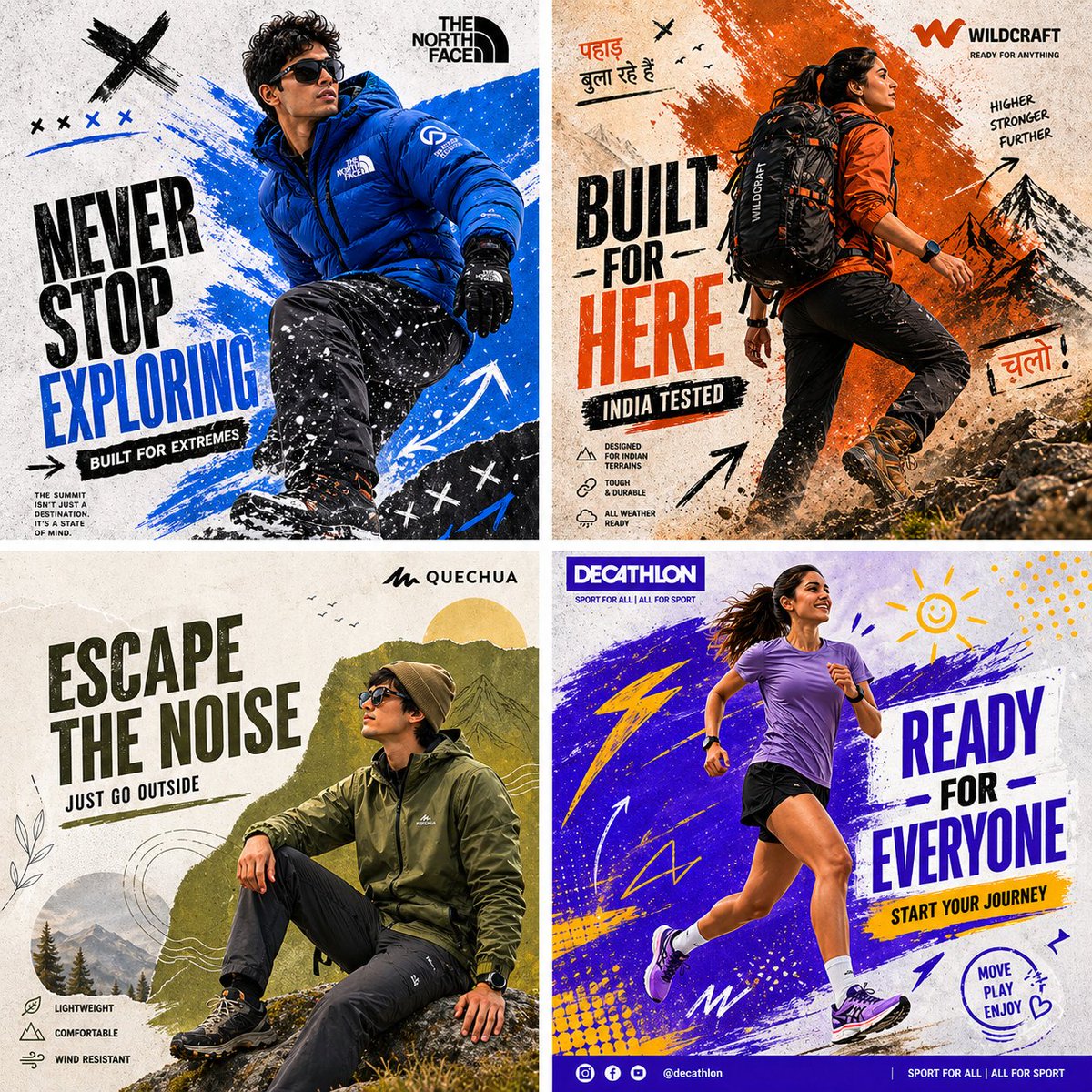 Outdoor Sportswear Advertising Grid Qwen Image 프롬프트 예시: A highly detailed prompt for creating a 2x2 grid collage of adventure lifestyle brand advertisements.