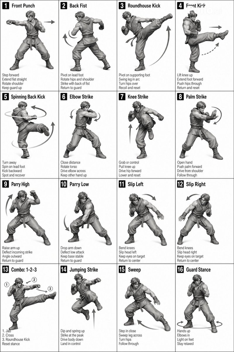 Instructional Martial Arts Movement Sheet GPT Image 2 prompt example: A technical prompt designed to create a 16-panel grid showing martial arts movements with 3D characters,...