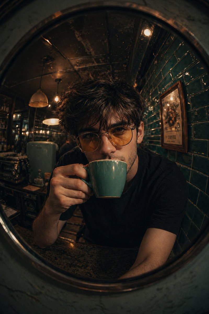 Retro Café Fish-eye Lens Portrait Qwen Image 프롬프트 예시: A stylized fish-eye lens prompt for a close-up portrait in a vintage cafe setting, intended to use an uploaded photo as a...
