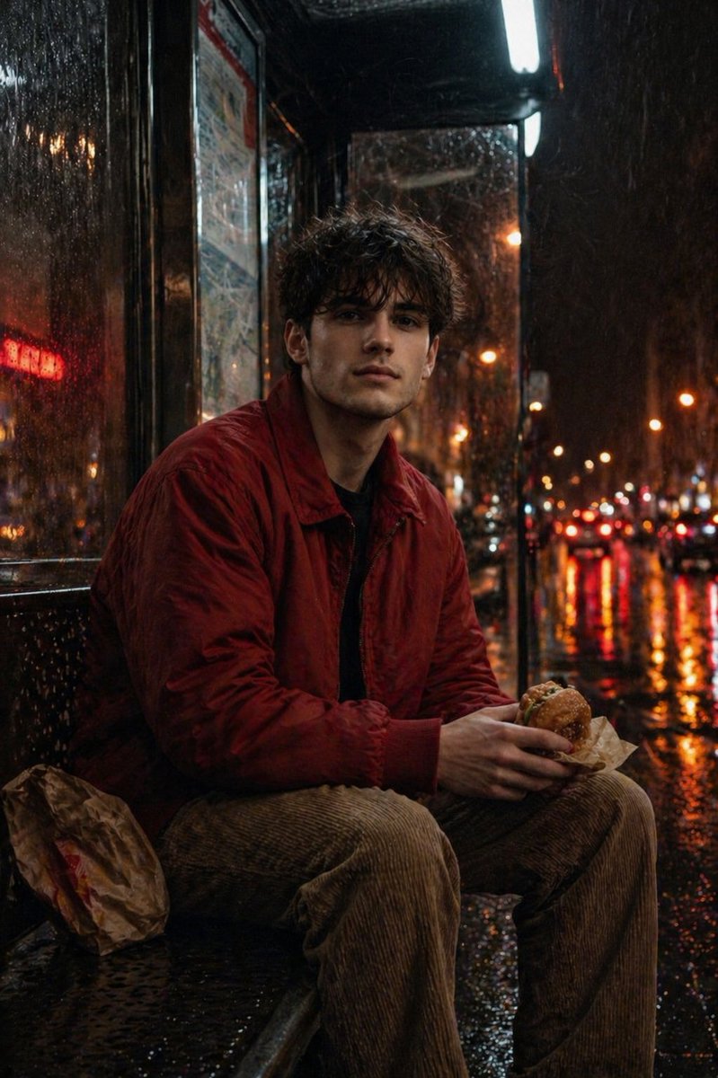 Atmospheric Nighttime Rainy Portrait Qwen Image prompt example: A cinematic street photography prompt for a person sitting at a rainy bus stop with neon lights and urban bokeh,...