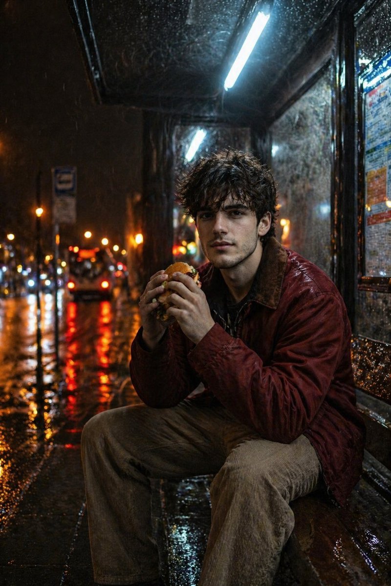 Atmospheric Nighttime Rainy Portrait Qwen Image prompt example variation 2: A cinematic street photography prompt for a person sitting at a rainy bus stop with neon lights and...