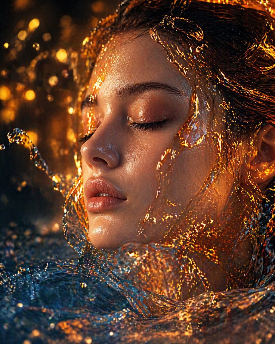 Surreal Molten Gold Liquid Portrait GPT Image 2 prompt example: A hyper-realistic surrealist prompt for a face submerged in a combination of molten gold and water, featuring...
