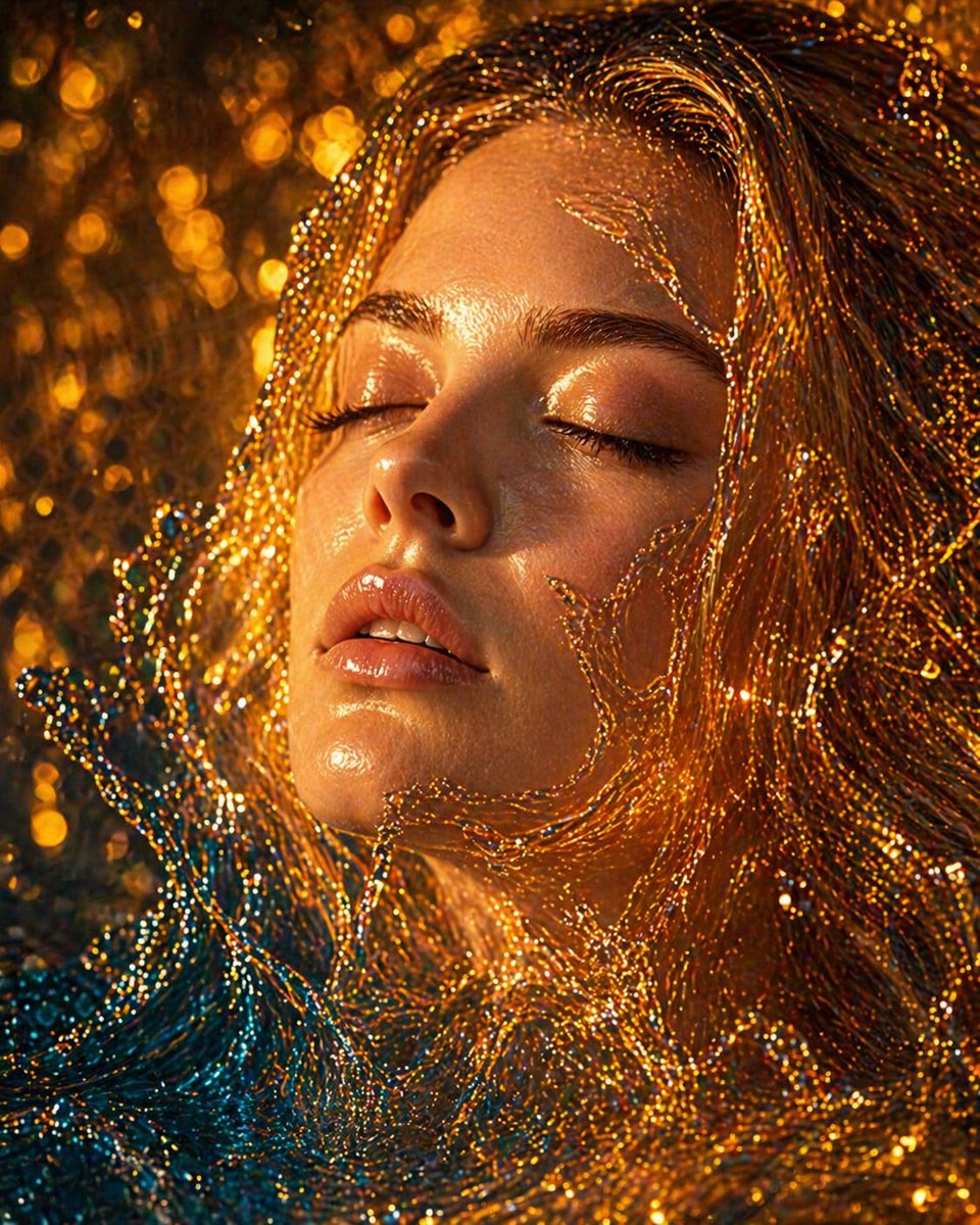 Surreal Molten Gold Liquid Portrait GPT Image 2 prompt example variation 3: A hyper-realistic surrealist prompt for a face submerged in a combination of molten gold and water,...