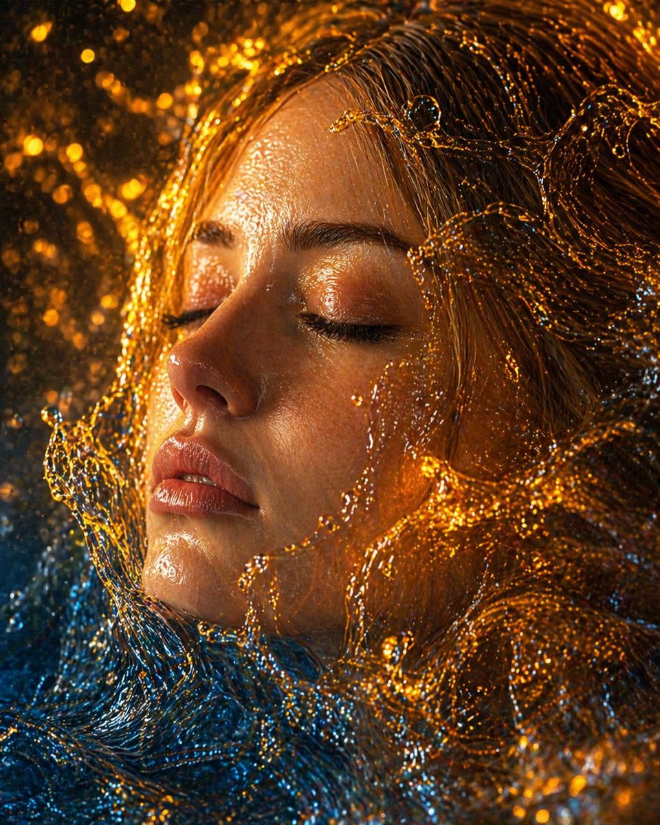 Surreal Molten Gold Liquid Portrait GPT Image 2 prompt example variation 2: A hyper-realistic surrealist prompt for a face submerged in a combination of molten gold and water,...