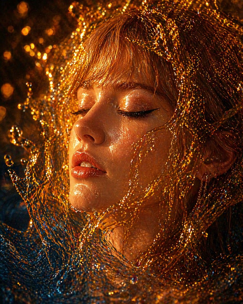 Surreal Molten Gold Liquid Portrait GPT Image 2 prompt example variation 4: A hyper-realistic surrealist prompt for a face submerged in a combination of molten gold and water,...