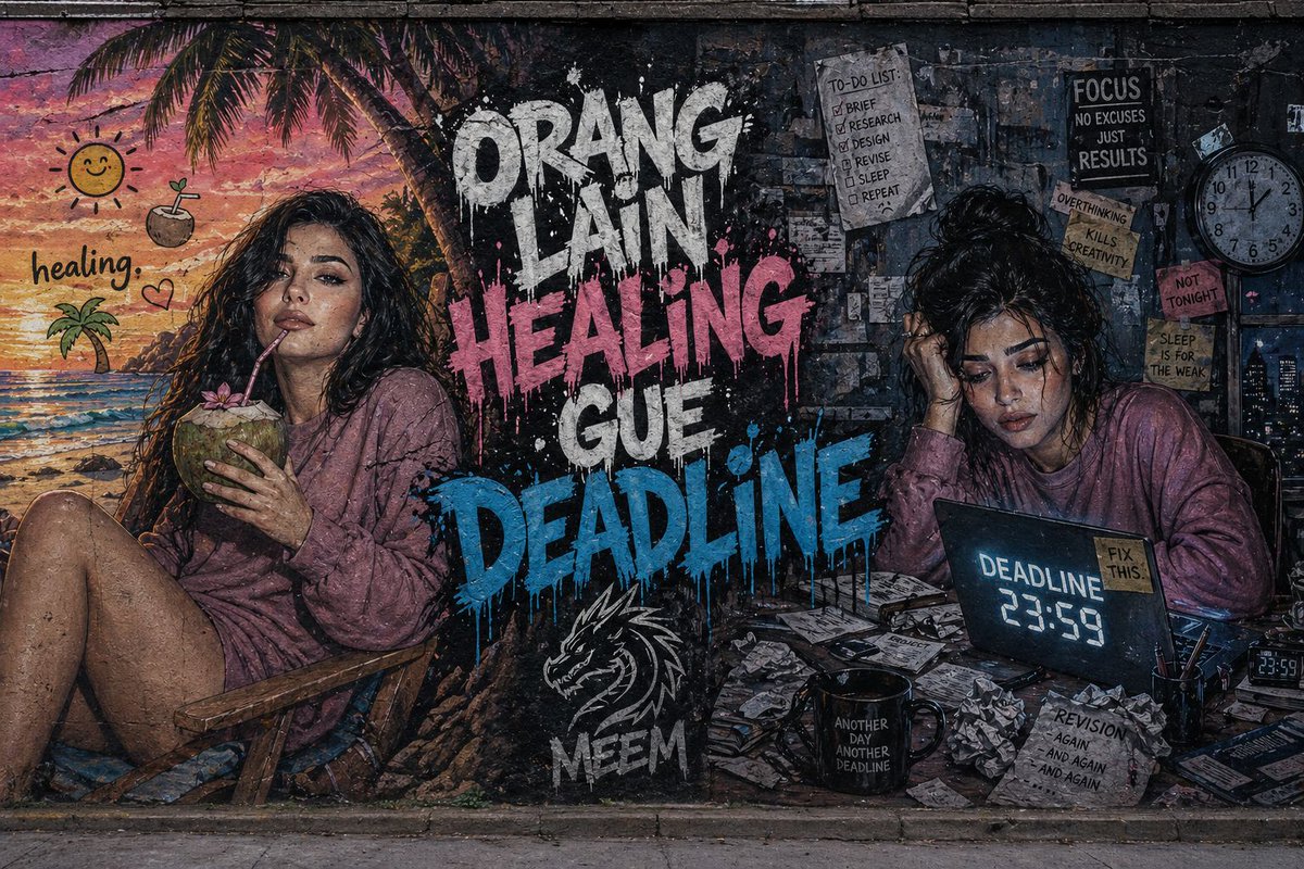 Dual-Concept Street Art Mural Qwen Image prompt example: A complex split-composition prompt for a city wall mural contrasting a relaxing tropical healing theme with a stressful...