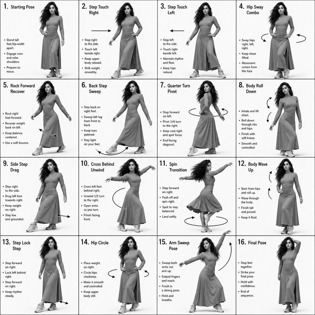 Choreography Instruction Sheet Generator GPT Image 2 prompt example: A technical prompt for creating professional dance sequence guides in a 4x4 grid layout, maintaining...
