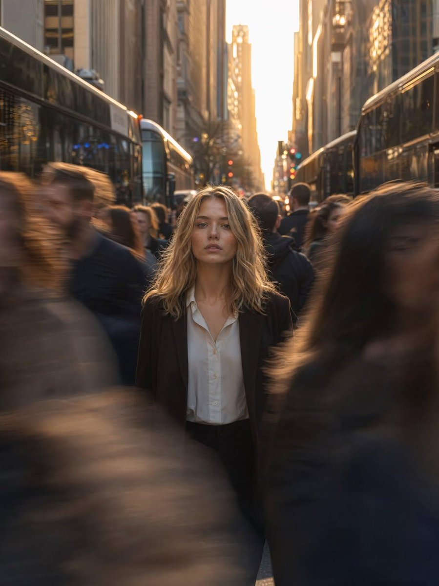 Golden Hour Motion Blur Portrait Qwen Image prompt example: Generates a cinematic urban street scene during golden hour where a subject remains in sharp focus amidst a moving,...