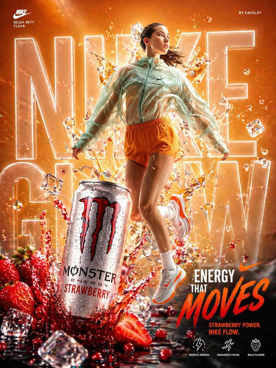 Dynamic Energy Drink Advertisement Qwen Image prompt example: Creates a high-energy beverage advertisement combining athletic action with product placement and liquid splash...