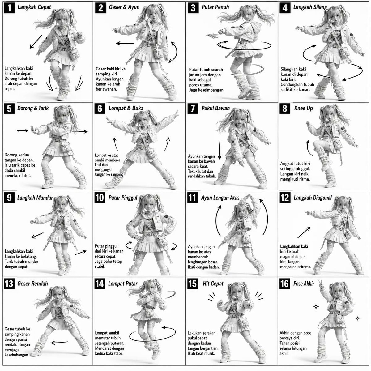3D Grayscale Dance Reference Sheet 的 GPT Image 2 提示词示例图：A technical diagram-style prompt for a monochromatic 4x4 movement sheet with instructional text and motion arrows.