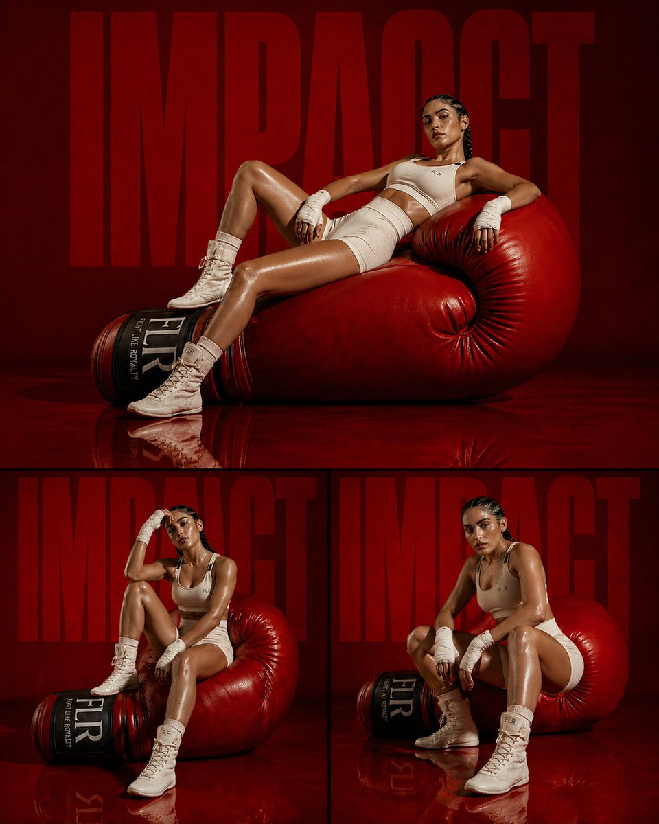 Fashion Editorial Athletic Triptych Qwen Image prompt example: A luxury sportswear advertisement layout with a three-panel collage (one large, two small) and bold background...