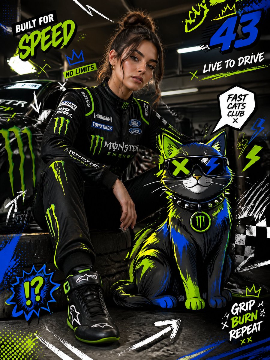 Mixed-Media Fashion Editorial and Cartoon Fusion のQwen Imageプロンプト例: A high-detail prompt that combines hyper-realistic fashion photography of a racing-themed model with vibrant,...