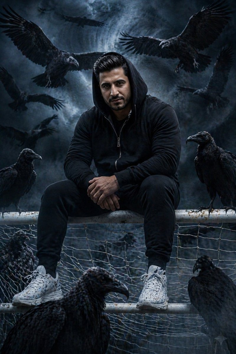 Cinematic South Asian Male Portrait with Vultures GPT Image 2 prompt example: A detailed cinematic portrait of a young South Asian man in a moody, dark fantasy setting surrounded...