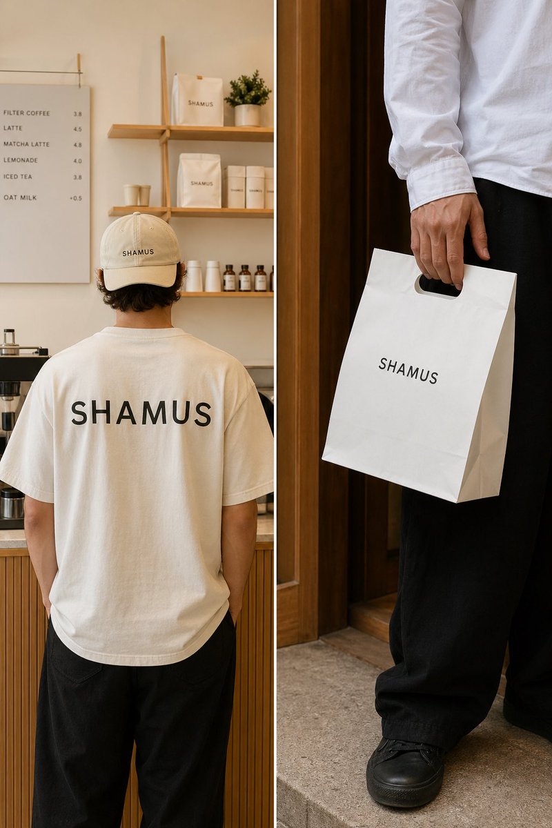 Minimalist Fashion Editorial Split Panel Qwen Image prompt example: A two-panel prompt for a minimalist cafe interior and a lifestyle shot featuring branded apparel.
