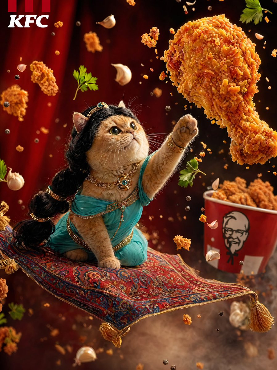Hyperrealistic Fantasy Food Ad のQwen Imageプロンプト例: A professional advertising style prompt featuring a cat in cosplay reaching for floating fried chicken.