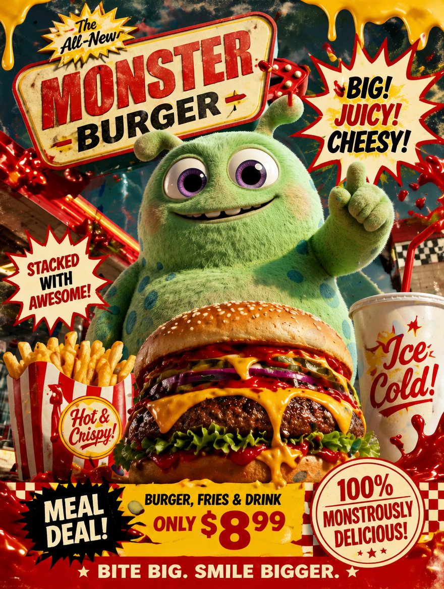 Retro Fast Food Poster Ad のQwen Imageプロンプト例: A prompt for creating a stylized retro American diner poster based on a character reference image.
