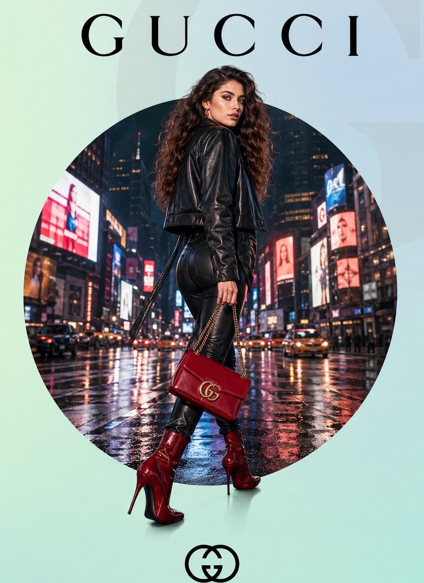 Luxury Gucci-Style Fashion Ad Prompt Qwen Image 프롬프트 예시: A detailed prompt for creating premium fashion advertisement posters in the style of Gucci, featuring a model in a rainy...